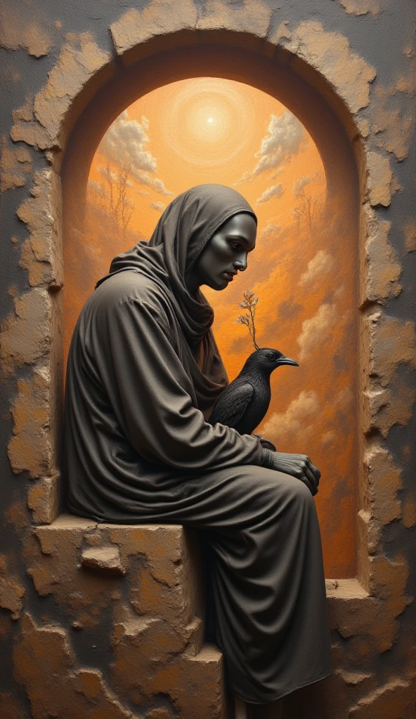 
"A surreal painting depicting a faceless humanoid figure, draped in smooth fabric, sitting on the edge of an abstract architectural structure. The figure interacts with a black bird perched on its knee. In the background, the warm glow of a large circular window frames an abstract landscape with a setting or rising sun, casting orange and yellow hues across the scene. The textures are impressionistic, with a blend of earthy tones and soft shadows."