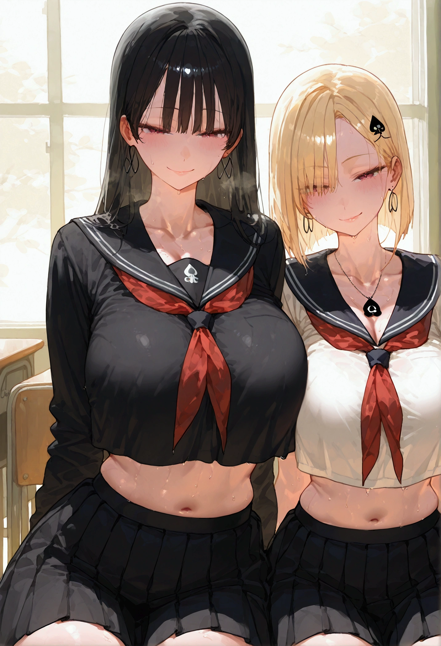 oily skin, Best Quality、 detailed face、Detailed body、 girl's sandwich, 2 girls、1 boy、Skinhead man、Dark-skinned man 、Big black man 、White-skinned women、Schoolgirl uniform、 big 、Big Breasts, ((Press your  against a man)), ntr_face, classroom, black sailor collar, black seifuku, black shirt, collarbone, crop top, crop top overhang, cropped shirt, black skirt, midriff, navel, neckerchief, pleated skirt, red neckerchief, sailor collar, seifuku, shirt, skirt, one blonde other black hair, 1 man, shot includes all 3's upper bodies at least, one blonde other black hair, 1 man, shot includes all 3's upper bodies at least, naughty smirk, Queen of Spades symbol tattoo on both of their breasts, both women sit on the lap of the man
