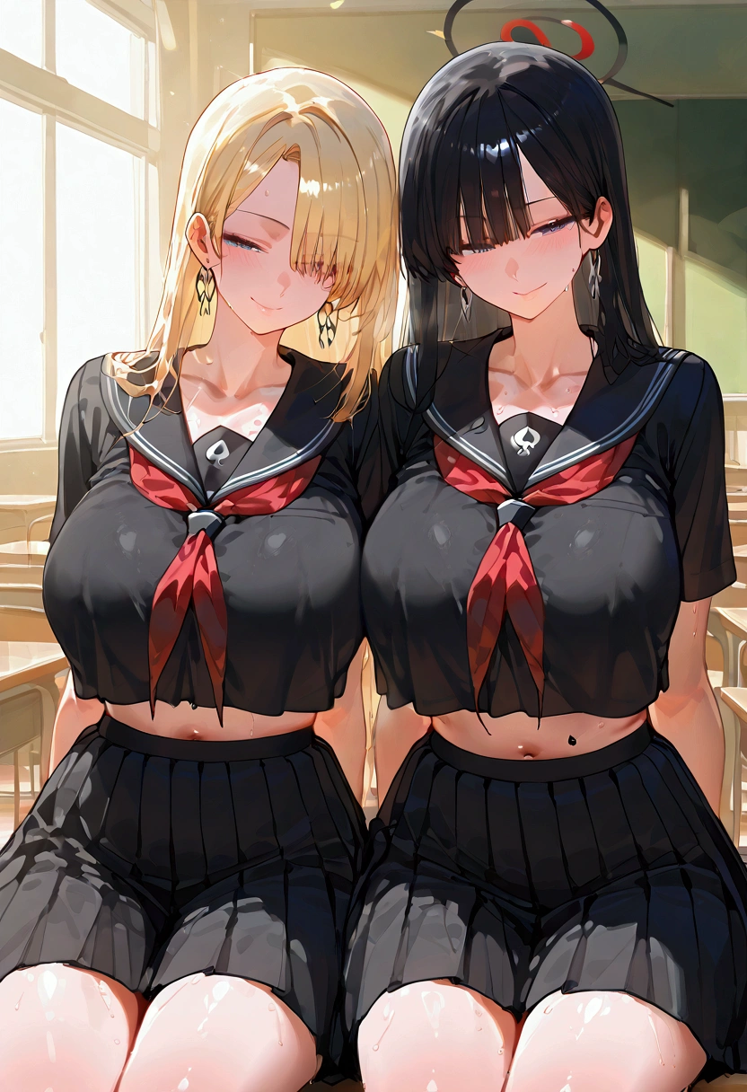 oily skin, Best Quality、 detailed face、Detailed body、 girl's sandwich, 2 girls、1 boy、Skinhead man、Dark-skinned man 、Big black man 、White-skinned women、Schoolgirl uniform、 big 、Big Breasts, ((Press your  against a man)), ntr_face, classroom, black sailor collar, black seifuku, black shirt, collarbone, crop top, crop top overhang, cropped shirt, black skirt, midriff, navel, neckerchief, pleated skirt, red neckerchief, sailor collar, seifuku, shirt, skirt, one blonde other black hair, 1 man, shot includes all 3's upper bodies at least, one blonde other black hair, 1 man, shot includes all 3's upper bodies at least, naughty smirk, Queen of Spades symbol tattoo on both of their breasts, both women sit on the lap of the man
