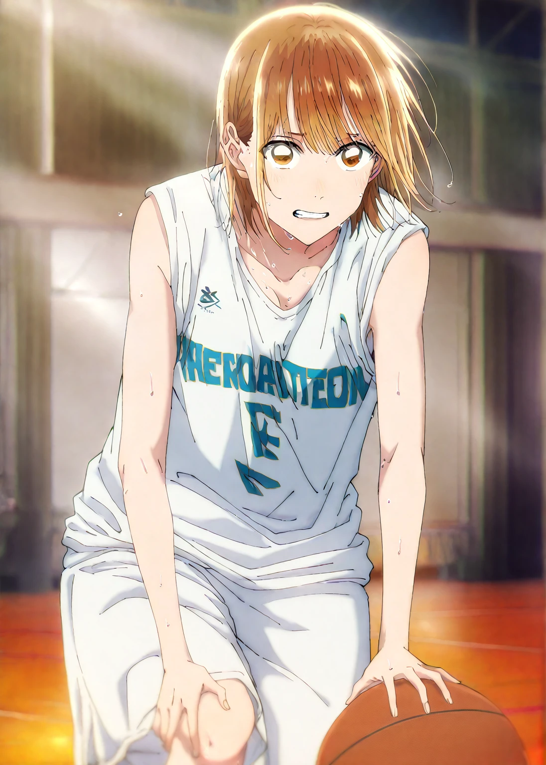    1 girl, Alone, Chinatsu,    Blurry Background,    brown eyes、    basketball uniform with a basketball in one hand 、    tank top、Bibs、 Inside is black 、naked 、  skindent 、    chest supported by large areolas  、   lean forward  、   place your hands on your knees、   small 、belly button、Gym、    Basketball Only   、 watching viewers, masterpiece,  top quality,    High Quality  ,       very aesthetic   ,    absurd、(    Basketball Only   、side、side汗、  dribble、Move)、execution、  hopeless、   sweated、In motion、basketball ring  、((Basketball game、 sweaty、Move線、 scattered sweat 、Competitive、 rugged face、 clenching teeth 、Desperate Face)) 