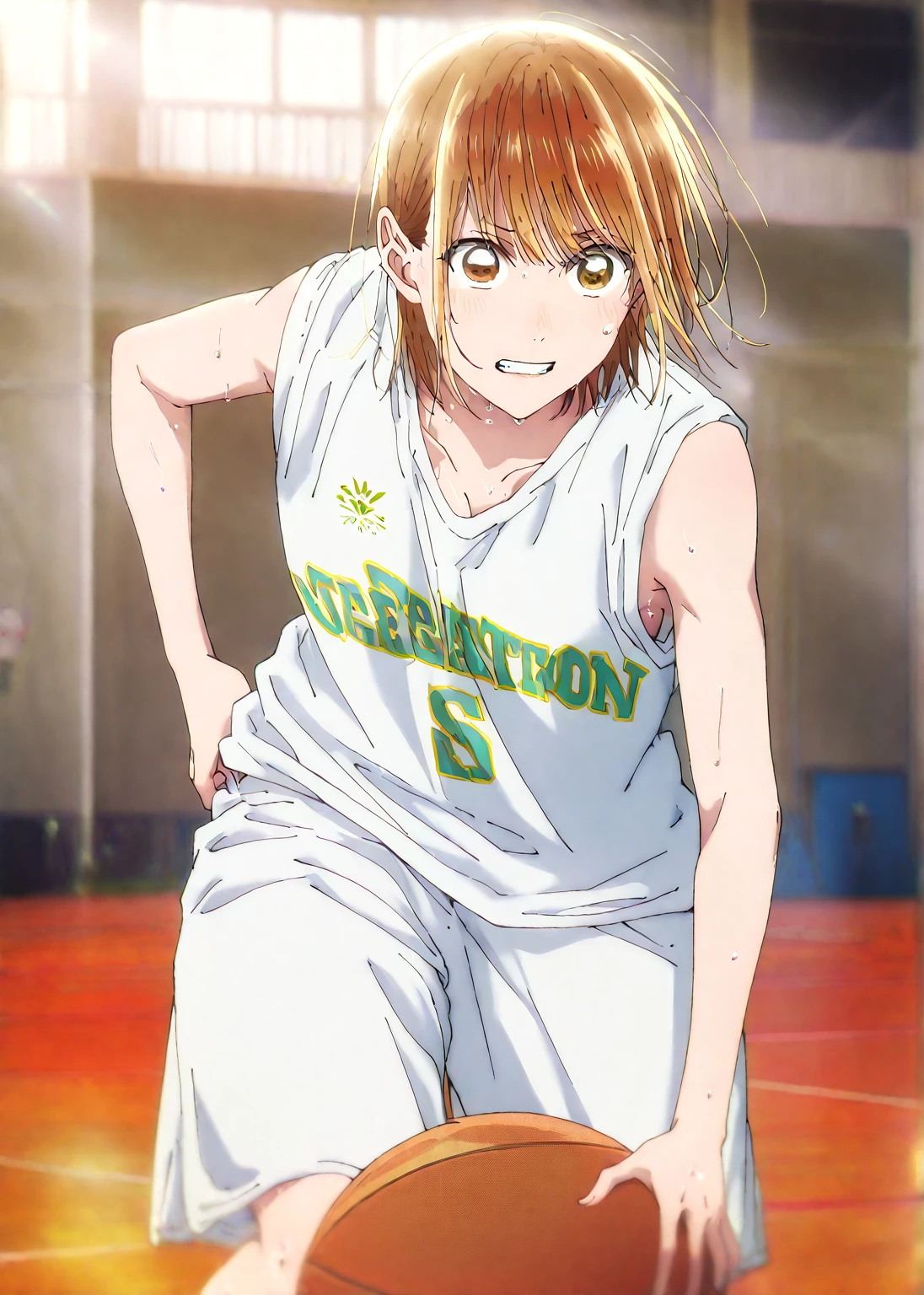    1 girl, Alone, Chinatsu,    Blurry Background,    brown eyes、    basketball uniform with a basketball in one hand 、    tank top、Bibs、 Inside is black 、naked 、  skindent 、    chest supported by large areolas  、   lean forward  、   place your hands on your knees、   small 、belly button、Gym、    Basketball Only   、 watching viewers, masterpiece,  top quality,    High Quality  ,       very aesthetic   ,    absurd、(    Basketball Only   、side、side汗、  dribble、Move)、execution、  hopeless、   sweated、In motion、basketball ring  、((Basketball game、 sweaty、Move線、 scattered sweat 、Competitive、 rugged face、 clenching teeth 、Desperate Face)) 