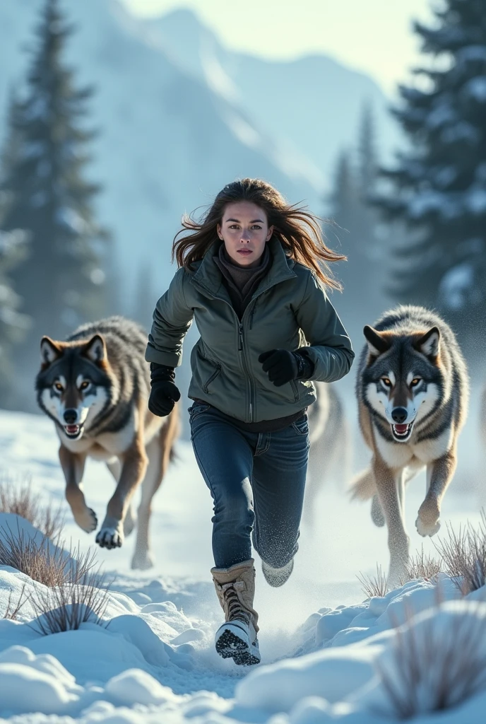 Create an image of a beautiful woman running away from a group of werewolves, through a swamp. In the background, depict wolves and creepy orange eyes ,dark green swamp --auto --s2