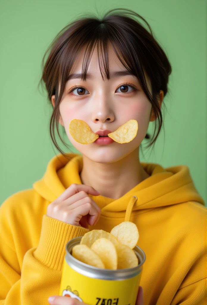 HyperRealistic, upper body, best quality, absurdres, ultra detailed, 1 girl, beautiful doe eyes, Evenly shaped potato chips, To playfully put two potato chips in one's mouth, making a duck face with potato chips, yellow color hoodie, styling short hair, have a can of Pringles, background light green