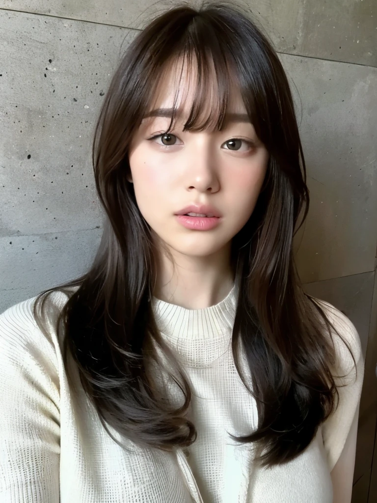 top quality, beautiful woman wrapped in a beech , 28 years old, S, 35mm Lens, debt/1, cowboy shot, concrete background 、Tile Background、dark green knitwear 、 light brown ,debtrom below、 straight hair、 straight hair、 shiny hair , silky hair、Thick bangs、 heavy bang、blunt bangs、 full body photo