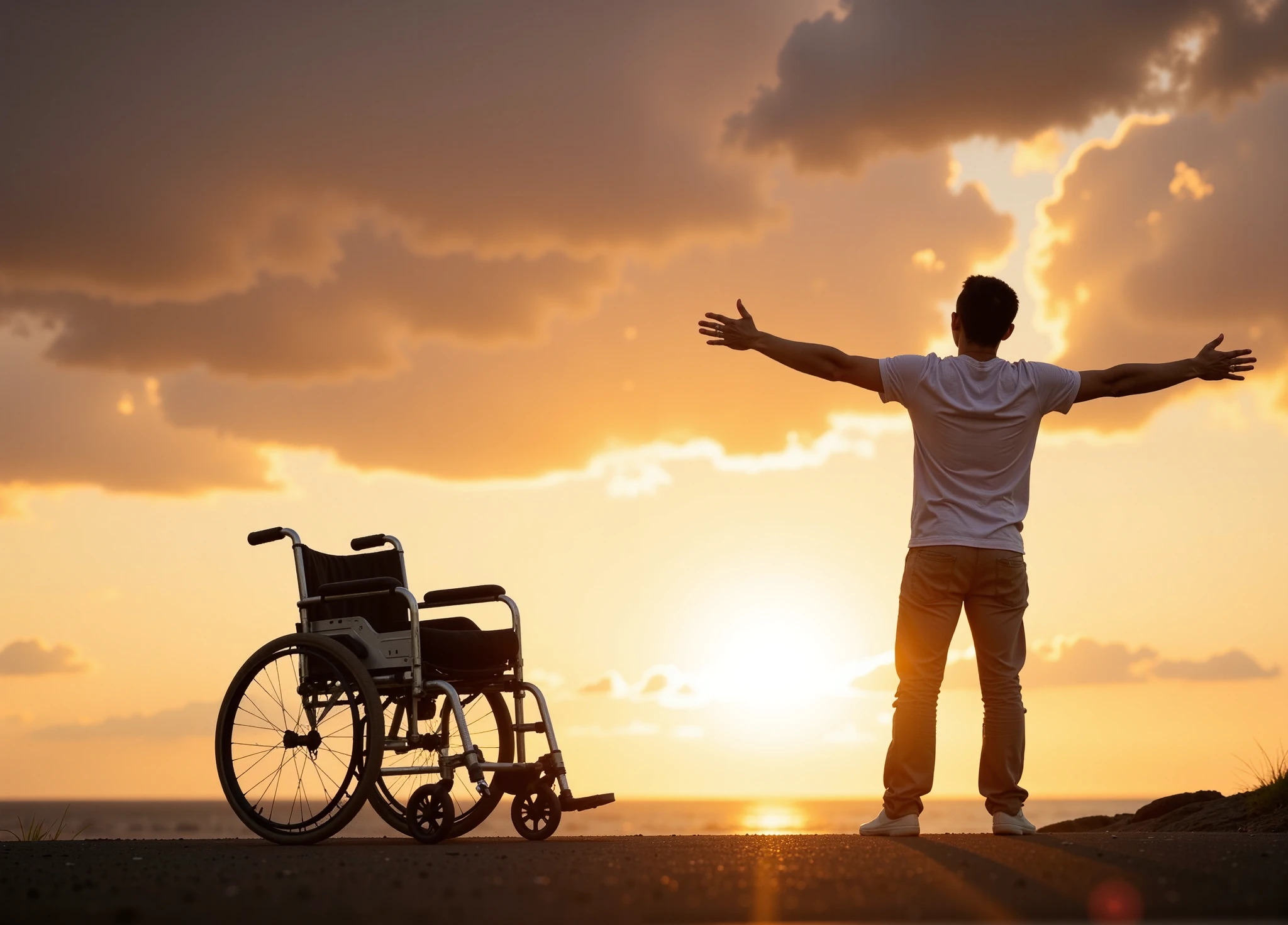 The image shows a person standing with arms outstretched, looking up at an orange and gold sky at sunset. Next to him is a wheelchair, which suggests that this person has overcome some disability or physical limitation. 
The scene conveys a feeling of liberation, hope and triumph over challenges. The image evokes the idea of ​​a "miracle" or a positive transformation in this person's life.
 