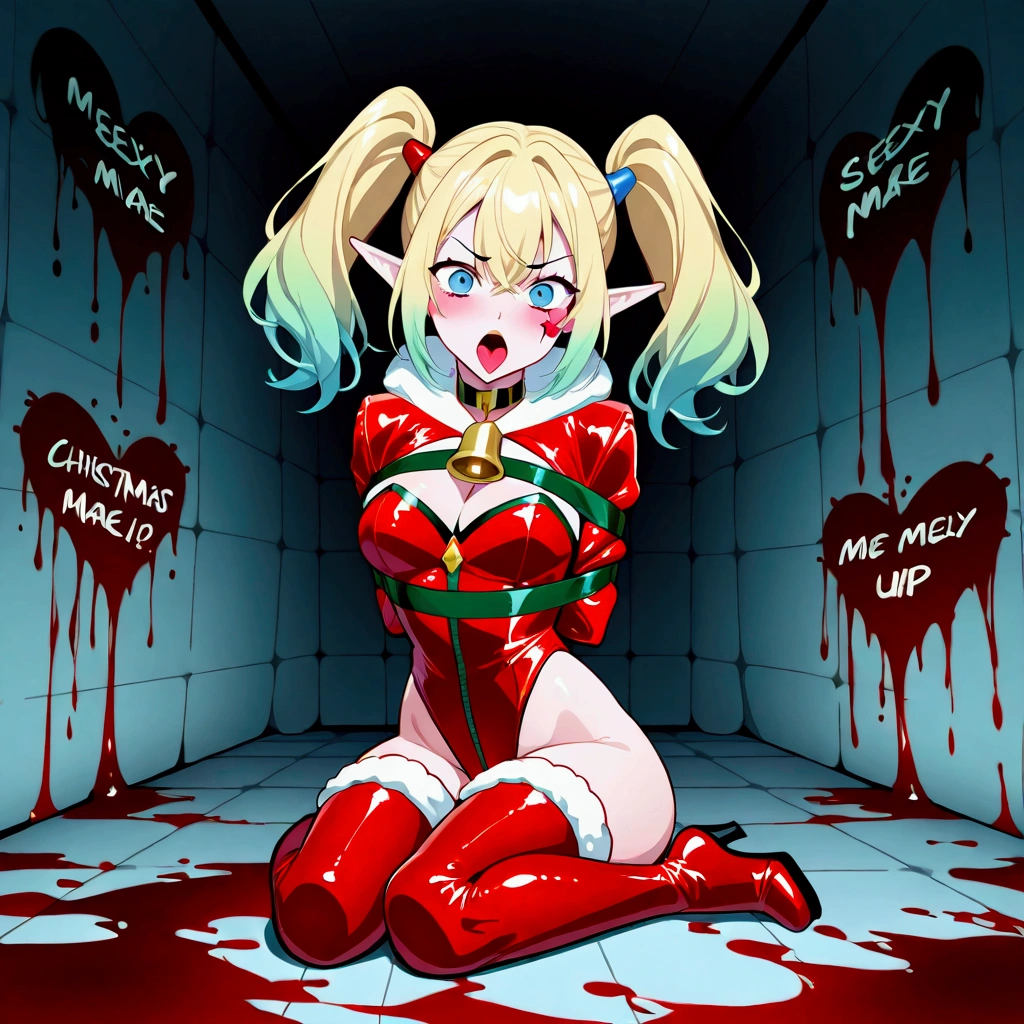 NSFW, High quality, masterpiece, best quality, 1 girl, supine, kneeling, pale skin, messy hair, red eyes, glowing eyes, creepy, creepy smile, crazy expression, blood on face, blood on body, ((naked)), creepy, scary, blood, horror, light particles, night, iron bracelets with chains