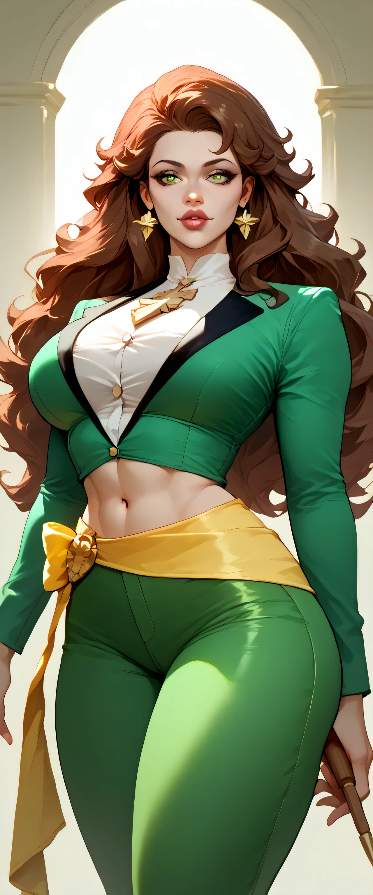 A Russian woman tender big breasted kind wavy hair longer bright red her eyes brown rectangle pupils big lips Rosa is light green military suit brushes yellow line shows navel and her light green pants wearing a yellow belt