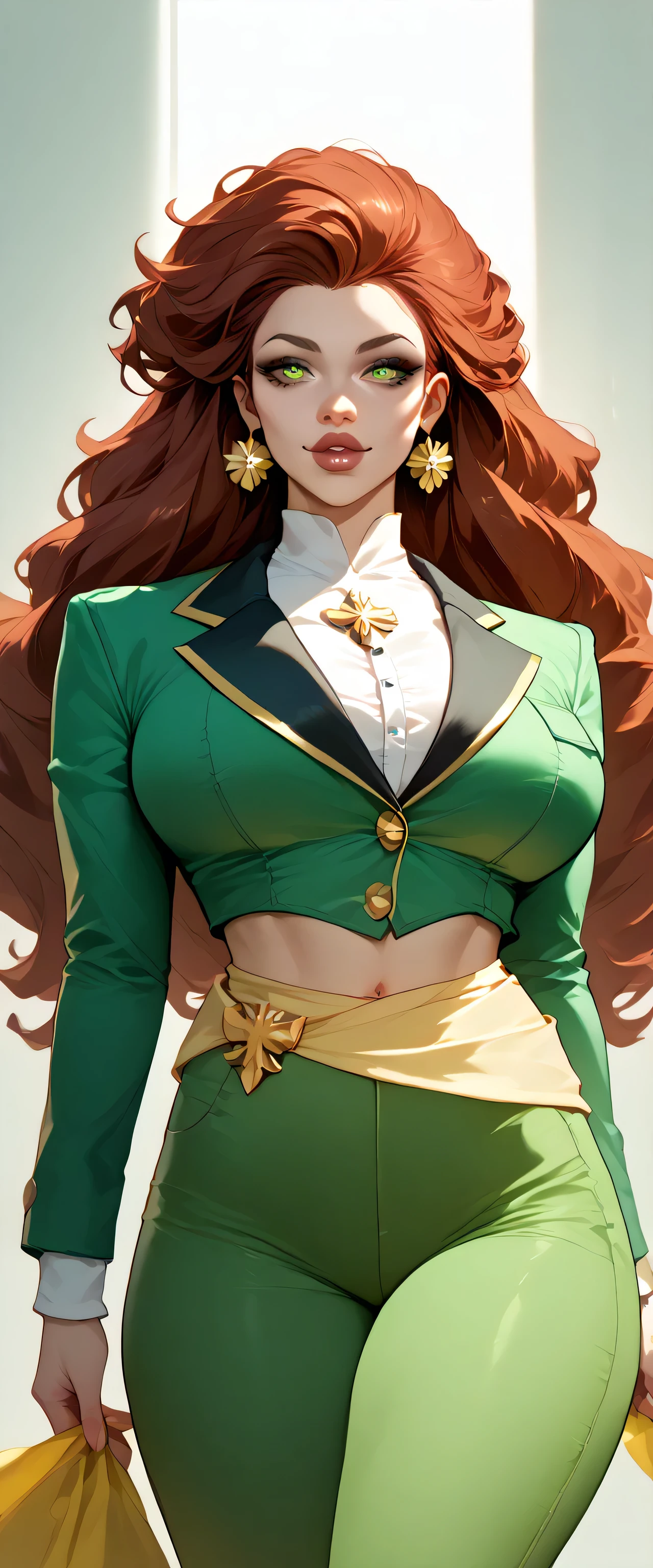 A Russian woman tender big breasted kind wavy hair longer bright red her eyes brown rectangle pupils big lips Rosa is light green military suit brushes yellow line shows navel and her light green pants wearing a yellow belt