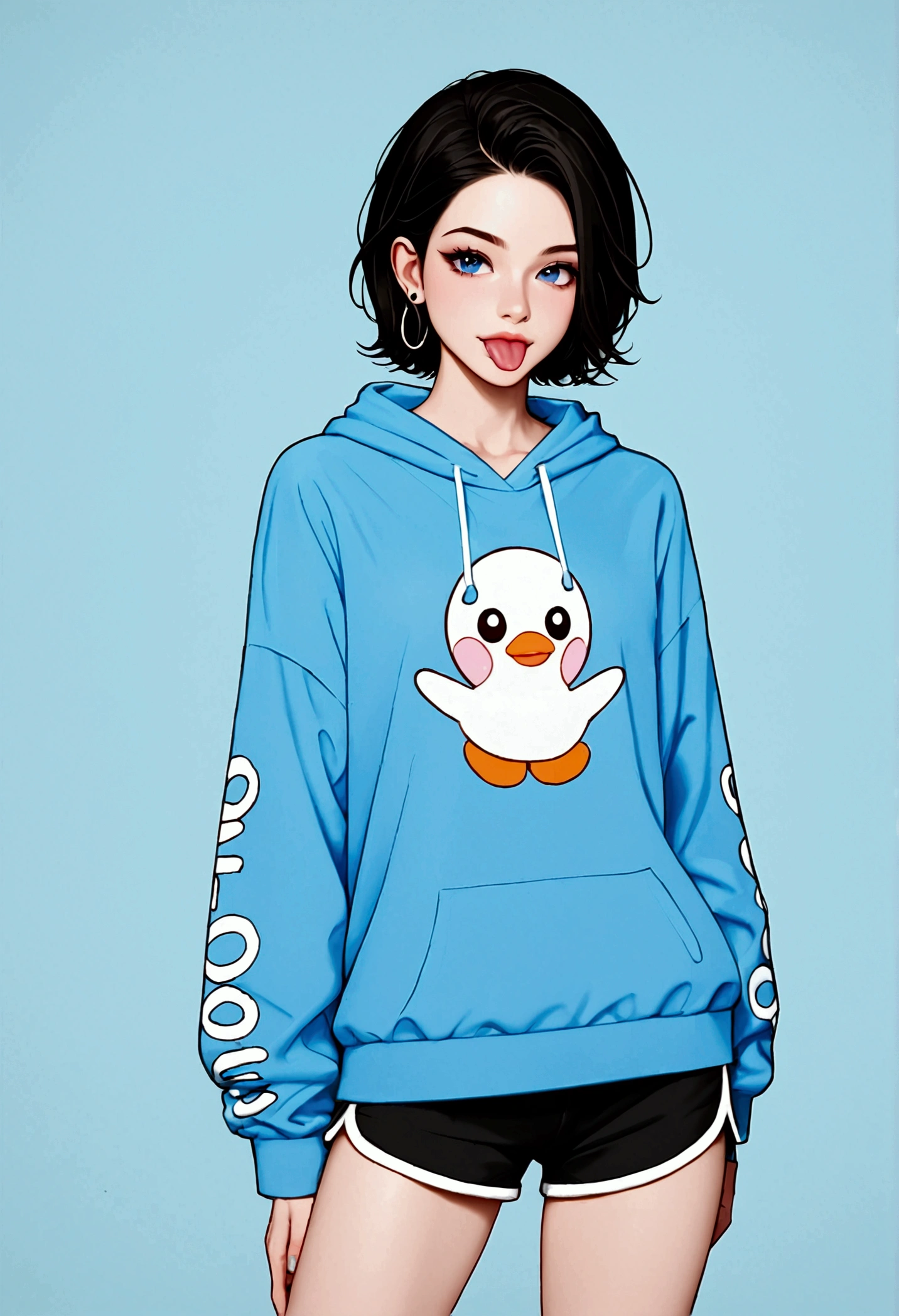 A girl with black hair with a blue gradient, blue sweatshirt with puppy print, sticking out the tongue, short dolphin shorts black, monsxl 