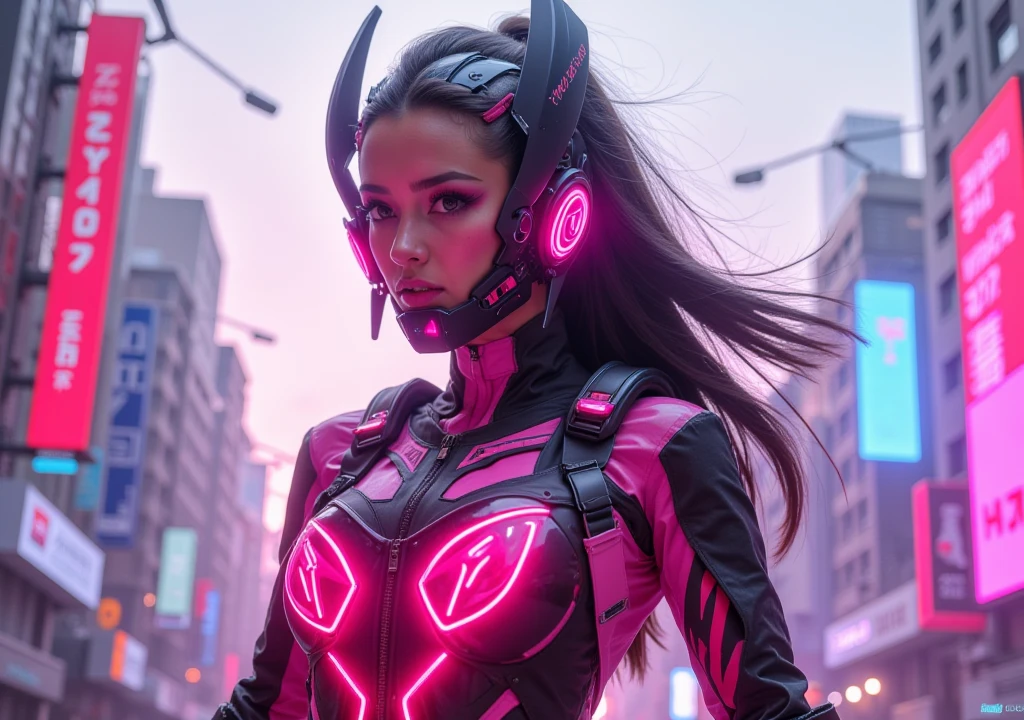 Cyber pink woman with tecnologic suit, black and pink helmet, mechanical details