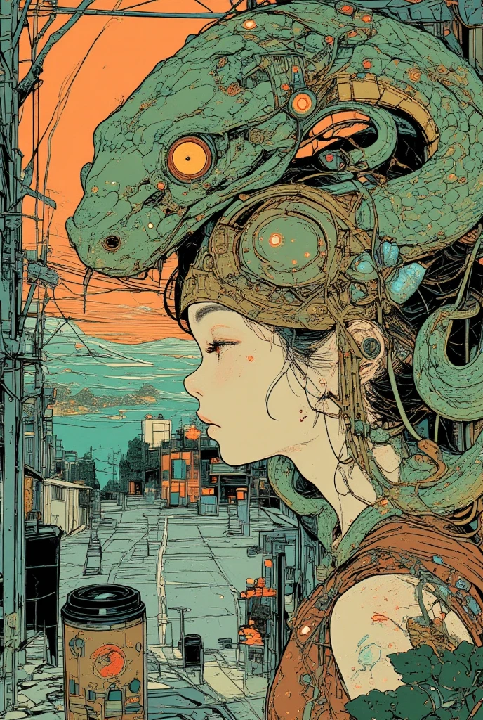  There is a picture of a snake and a woman with a snake head, Arcimboldo , Tumbler,  amazing realism,  Detailed photo of the album cover  ,  Additional Details ,   full color illustration,  Detailed Book Illustrations , Extremely Detailed Image , Colored illustration,  very close shot , ニチョスとArcimboldo, Cover illustration,Medusa