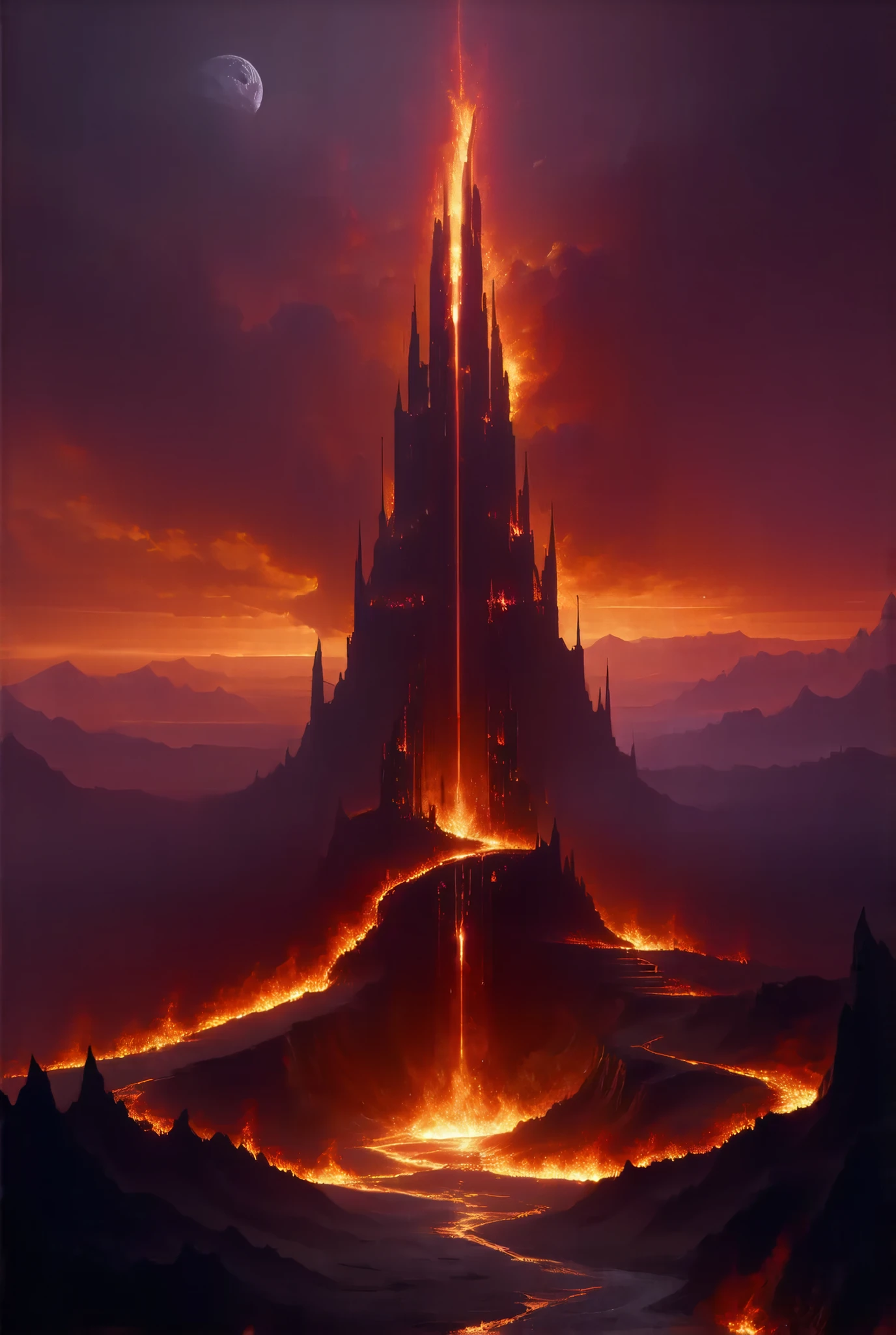 Demonic tower, {style of Benedick Bana|style of Christopher Balaskas|style of Noah Bradley}, burning the ground, senses of dread, (fantasy theme, epic vibe), set in medieval, (masterpiece,  High Quality ,  high definition ,  Golden Ratio ,  movie lighting, 8k),  Tower of Darkness, ((Depict Stephen King's worldview with abstract paintings)),