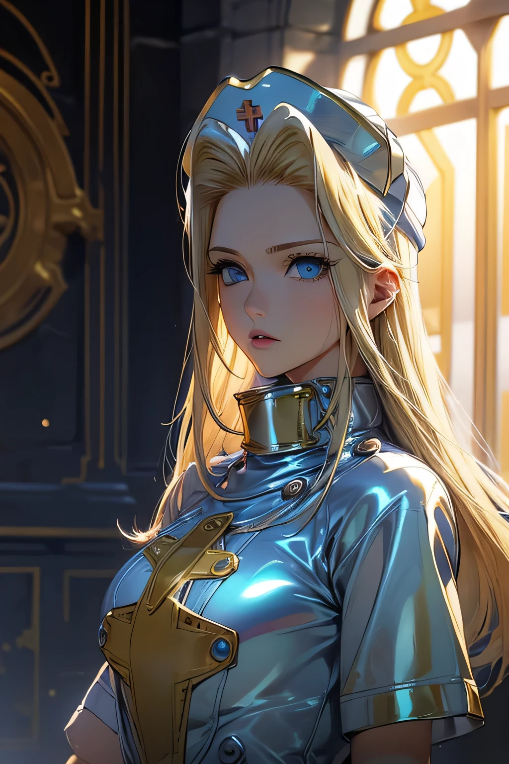 ￥ Perfect Anatomy　 top quality, highest resolution,(((latex clothing with metallic luster　shiny nurse hat　Shiny blond hair　 blue eyes)))　 Tales of Phantasia　mint　Ancient City