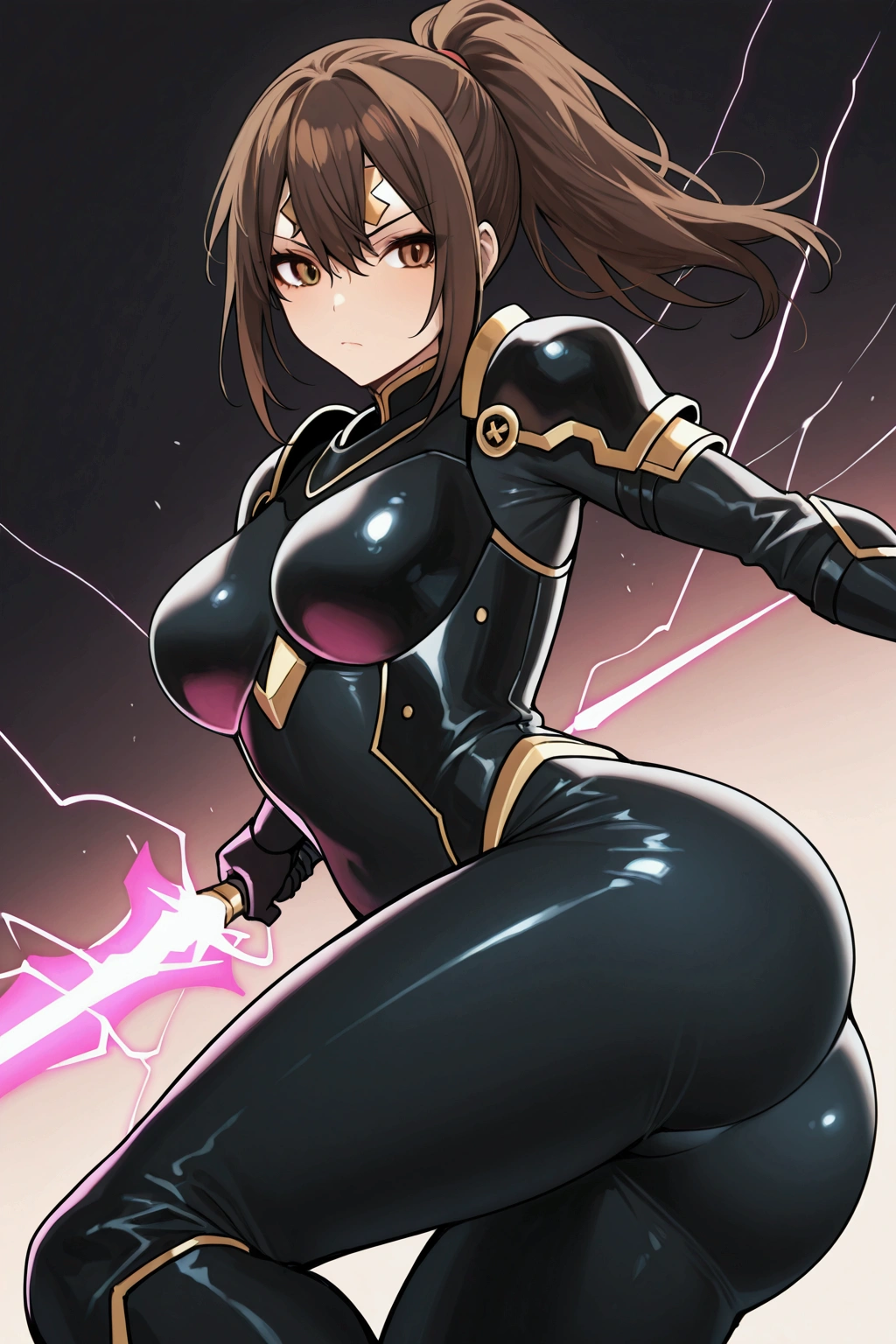 alone, Felien character from Toram Online, black body armor suit tight, energy lines of the magenta suit, firm round breasts, athletic, perect butt, brown eyes, ponytail, dark brown hair, serious look, shapely legs, black armor shoulder pads large, Magenta energy saber, fighting pose, inverted metal triangle on the forehead,  perfect scene ,  Masterpiece, score 9, anime colors, sideways, AMERICAN SHOT, beautiful, composition, HARMONY, high quality,  poster quality ,beautiful,  feminine around ass .