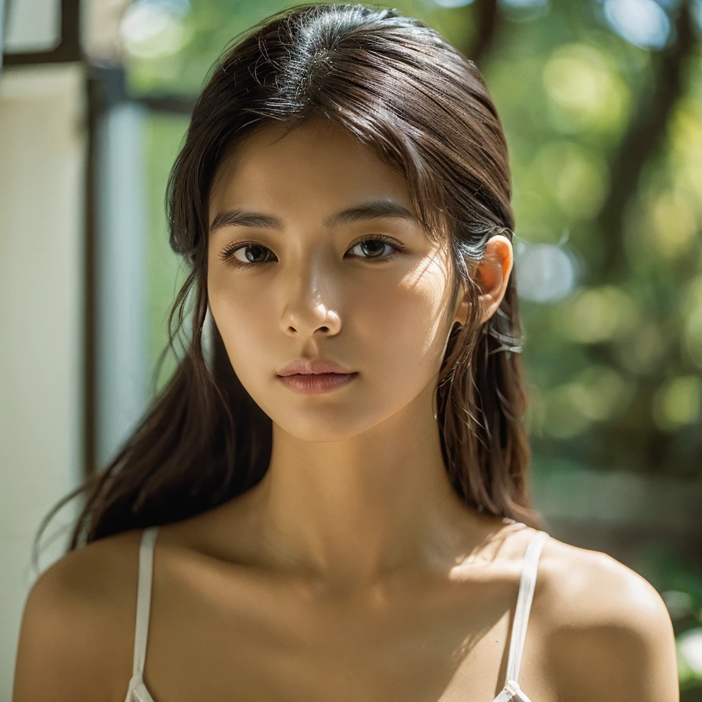 A hyper-realistic image of a single Japanese woman in her early 20s, captured with the nostalgic warmth and subtle graininess of a film camera. Her skin has a warm beige tone with a natural, slightly rough texture that includes visible pores, fine lines, and subtle imperfections such as small blemishes, adding to the authenticity of her appearance. The soft, diffused natural light enhances the film-like quality, casting gentle shadows that create a timeless, organic feel. Her straight, glossy black hair frames her face in a natural, slightly tousled manner, and her deep brown eyes reflect the ambient light, adding depth and emotion. The film camera effect introduces a slight grain and a softer focus, giving the image a warm, nostalgic atmosphere while maintaining the realistic texture of her skin. She is dressed simply, in a way that complements her natural beauty, with the overall composition designed to evoke a sense of genuine, understated elegance. The use of natural light, combined with the deliberately rougher texture of her skin and the film-like qualities, ensures that this image captures the imperfections that make her beauty truly lifelike, focusing solely on this one individual.She has large, ample breasts and wears only attractive, fashionable underwear, which accentuates her cleavage.almost see the nipples.Be sure to keep your eyes on us.Stylish and cute bras.