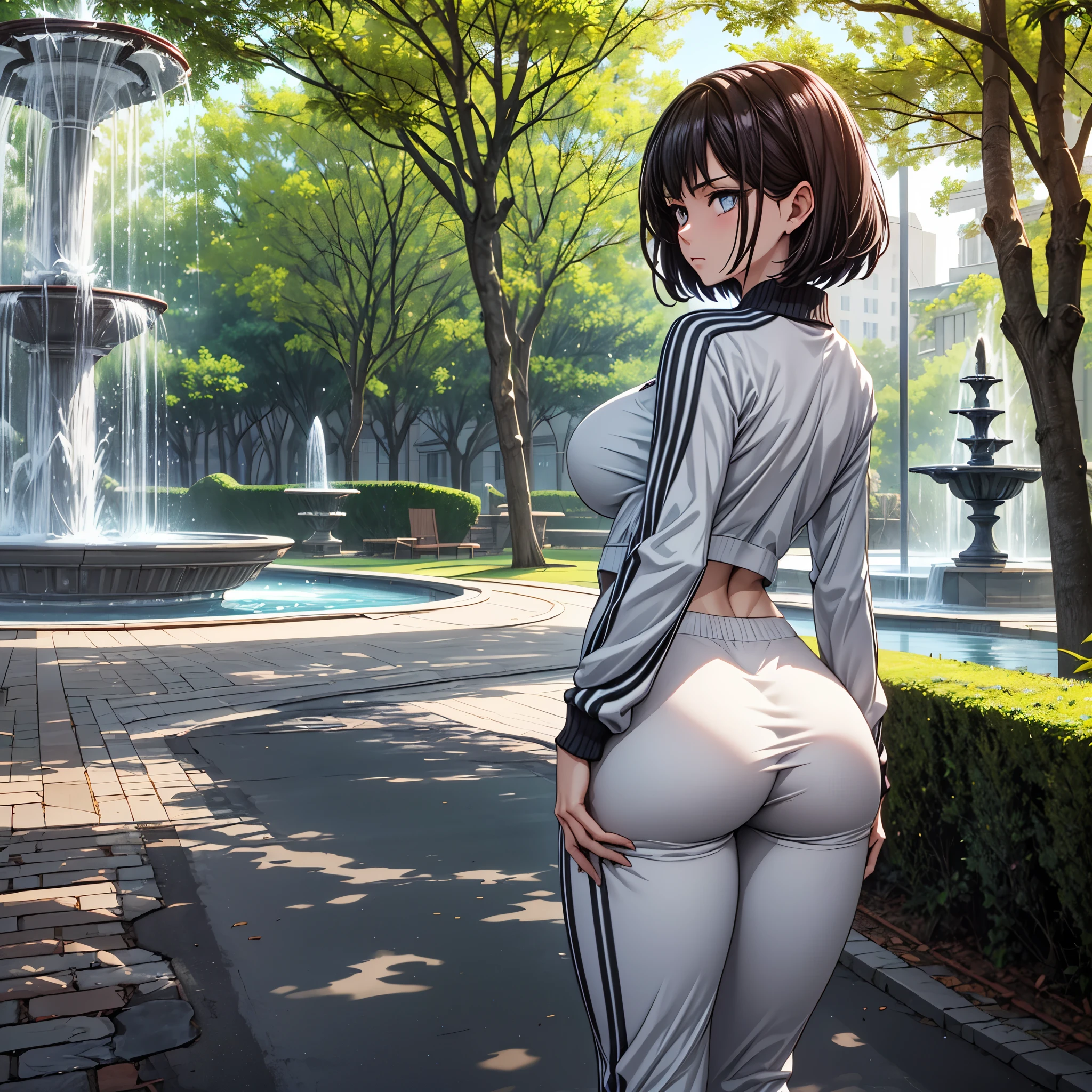 ((masterpiece,best quality)), highres, extremely detailed 8K wallpaper, depth_of_field, best shadow, (Colorful), (Delicate eyes and face), nice hand, Perfect hands, (1girl), (short hair), brunette, (very busty), annoyed, park, trees, fountain, (blue track-suit), (solo), wide hips, (thick legs), curvy, (from behind), (big butt), pantylines