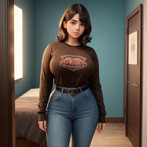 (masterpiece, highest quality, high quality, best quality:1.3, (cg unrealengine:0.7), subsurface scattering, realistic), portrait of a 1girl standing, wearing a t-shirt jeans, large breasts, (confused:1.2), (pussy juice:1.4), wide hips, pussy
