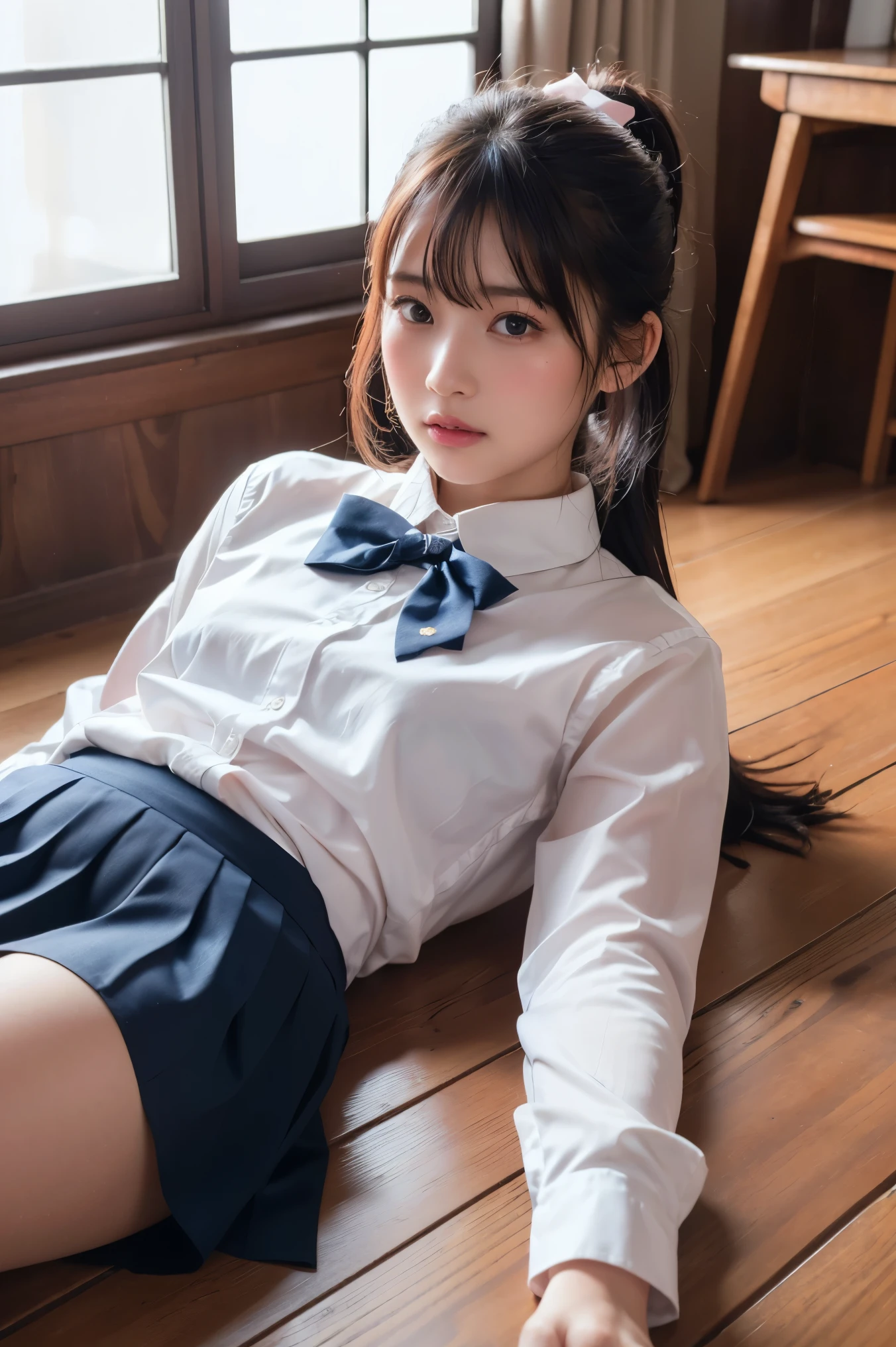 Arafed asian woman in a white shirt and blue skirt laying on the floor ...