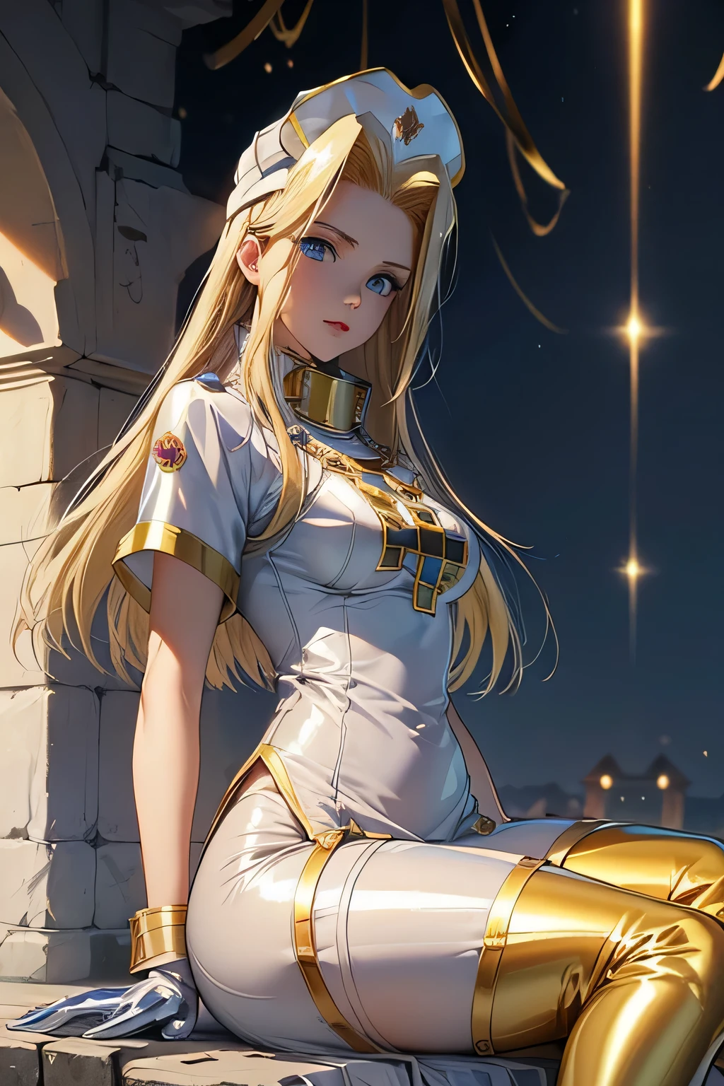 ￥ Perfect Anatomy　 top quality, highest resolution,(((latex clothing with metallic luster　shiny nurse hat　Shiny blond hair　 blue eyes)))　 Tales of Phantasia　mint　Ancient City