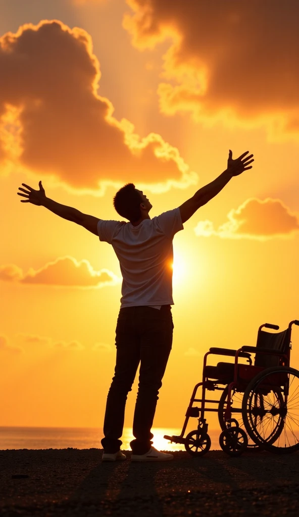 The image shows a person standing with arms outstretched, looking up at an orange and gold sky at sunset. Next to him is a wheelchair, which suggests that this person has overcome some disability or physical limitation. 
The scene conveys a feeling of liberation, hope and triumph over challenges. The image evokes the idea of ​​a "miracle" or a positive transformation in this person's life.
 Sin subtitulos solo la imagen