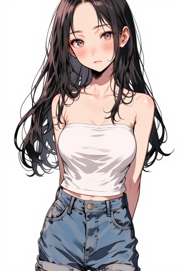score_9, score_8_up, score_7_up, 1girl, woman, long hair, black hair, parted bangs, dark blue eyes, small breasts, innexpressive, sleeveless sweater, virgin killer sweater, blushing, narrowed eyes, closed mouth, standing, crossed arms, side view, thighs, below view, upper body, masterpiece, best quality, white background