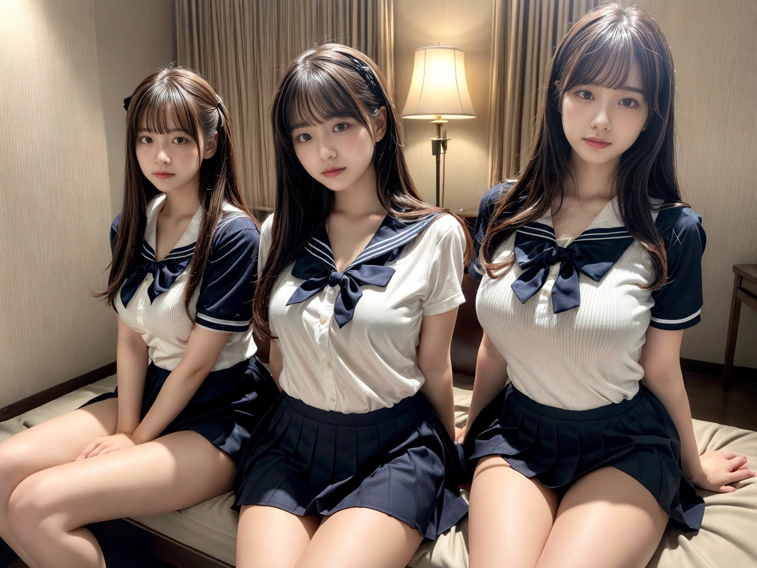 masterpiece, best quality, illustration, Super detailed, fine details, High resolution, 8K,wall paper, perfect dynamic composition,(Details High quality, realistic depiction of eyes:1.3), (3 girls), Black Sailor Uniform, serafuku, Navy pleated skirt, sitting, open legs, short bob hair, in a hotel room in the background, deep on field, large breasts, black hair color, Big Natural Color Lip, (perfect body shape), crying a little、Harajuku style、20 year old girl、cute type、beautiful legs, Gravure Idol