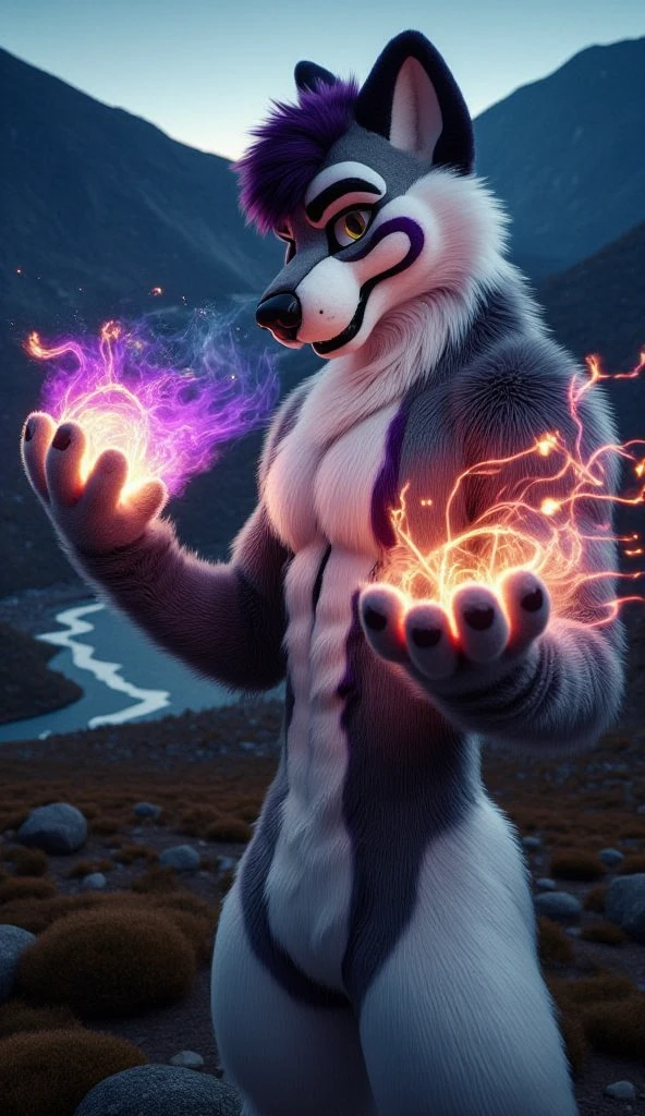 hyperrealistic 3D render of a fursuit werewolf male muscular white werewolf dressed in grey, his muscular body surrounded by dark, ethereal energy as she summons his powers. Her fur is a mix of deep bright yellow purple and black, and his eyes glow with a yellow violet intensity. The Werewolf stands in a powerful  pose, the swirling magical energy enveloping his hands as she prepares to strike. The background is an ominous, darkened landscape with faint light coming from distant hills. The atmosphere is tense, filled with a sense of impending awesomeness. The scene captures inner power and determination, with the highly detailed CyberRealistic lighting casting sharp contrasts across his form and the background. The render is in Ultra HD 8K, showcasing cinematic realism and hyperrealistic textures, bringing out every intricate detail in her fursuit and the magical energy around him.