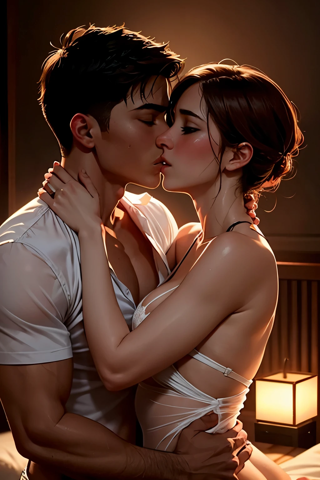 (best quality,highres,ultra-detailed,realistic:1.37),portrait,shirtless boy passionately kissing a woman in intense scene,sexy red lingerie,unbuttoned sheer white shirt,dark room with warm lighting,sweaty and lustful,erotic,passionate making out [intimate details],one lamp,]