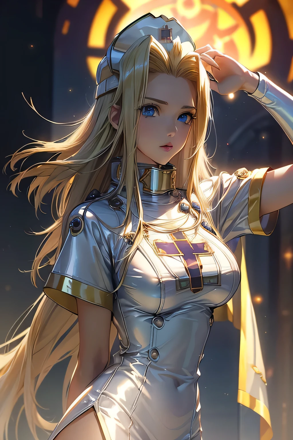 ￥ Perfect Anatomy　 top quality, highest resolution,(((latex clothing with metallic luster　shiny nurse hat　Shiny blond hair　 blue eyes)))　 Tales of Phantasia　mint　Ancient City