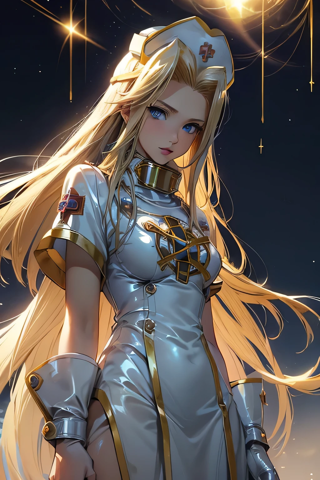 ￥ Perfect Anatomy　 top quality, highest resolution,(((latex clothing with metallic luster　shiny nurse hat　Shiny blond hair　 blue eyes)))　 Tales of Phantasia　mint　Ancient City