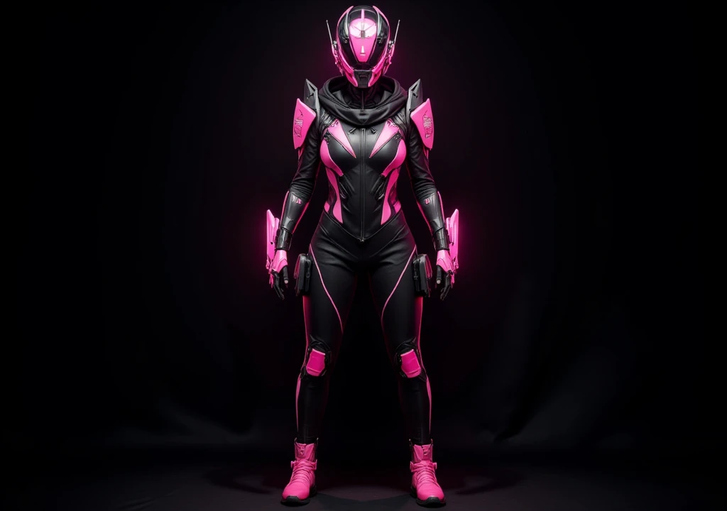 Full body Cyber pink woman with tecnologic suit, black and pink closed face helmet, mechanical details, pink leds