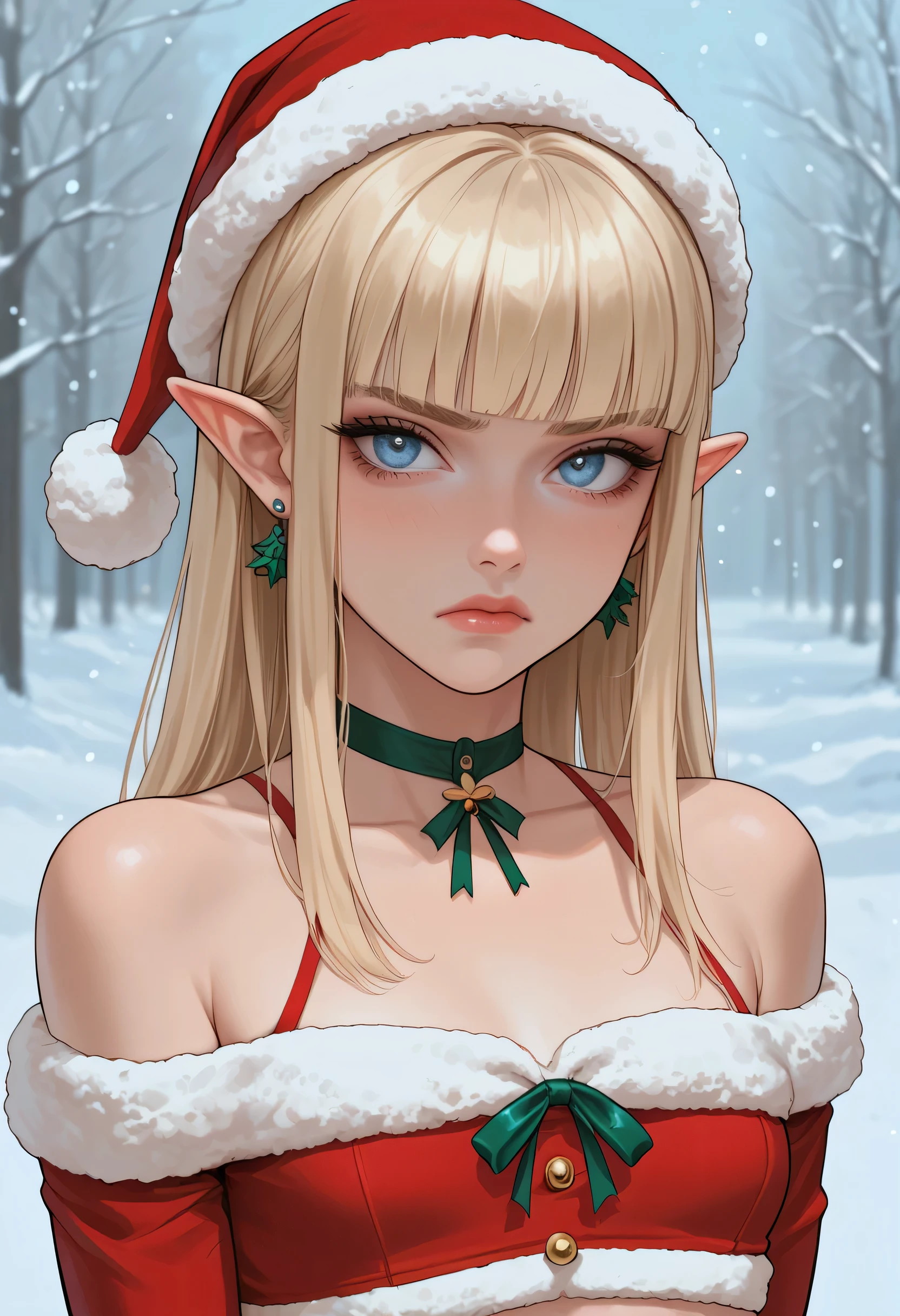 1girl, annoyed expression, (light blue brillant eyes), EARRINGS, pointed ears, rubor, makeup, (Santa Claus cropped top, small breast) BLONDE HAIR, hime cut, looking at viewer, Snow and cold, (Slim Body), portrait. score_9, score_8_up, score_7_up. 