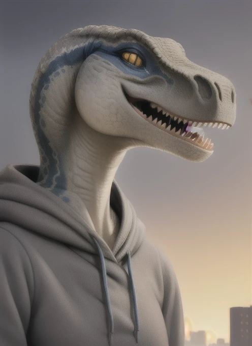 clevergirl, furry female, anthro, light grey skin, grey scales, dinosaur girl, portrait, close-up, (blue hoodie:1.3), solo, (best quality), (detailed urban background:1.2), dramatic lighting, (detailed scales:1.1), looking at viewer, vore 