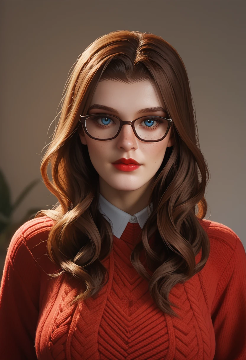 score_9, score_8_up, score_7_up,
Spider2MaryJ, 1girl, brownhair, long hair, blue eyes, glasses, wearing Red sweater , red lips makeup looking at viewer, portrait