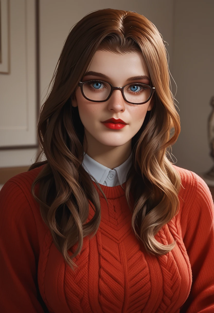 score_9, score_8_up, score_7_up,
Spider2MaryJ, 1girl, brownhair, long hair, blue eyes, glasses, wearing Red sweater , red lips makeup looking at viewer, portrait