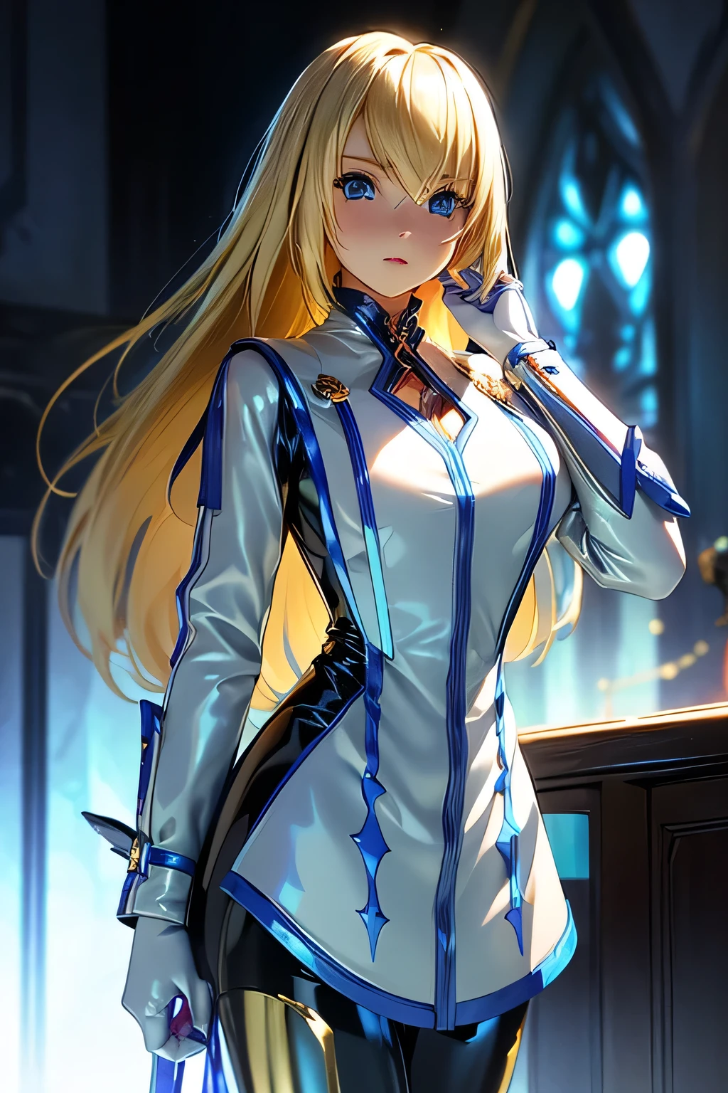  Perfect Anatomy　 top quality, highest resolution,(((latex clothing with metallic luster　Shiny blond hair　 blue eyes　 girl)))　TALES OF SYMPHONIA　Collet Brunel　church