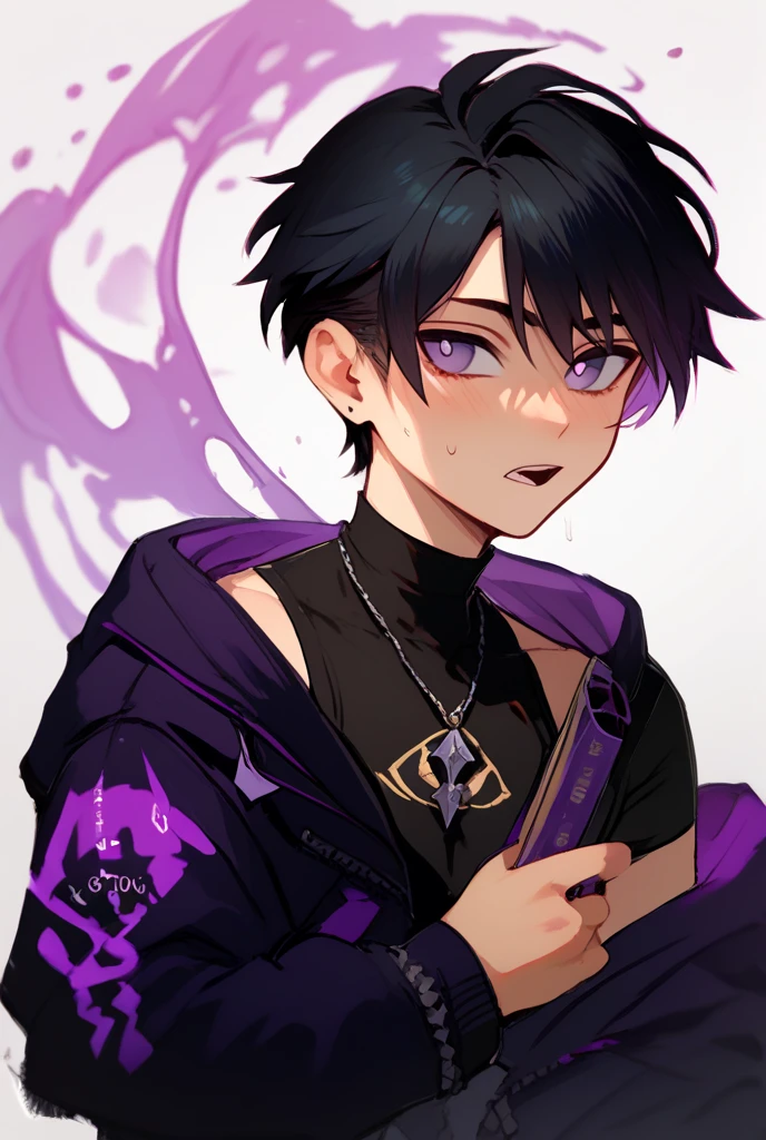 A boy with purple pupils and black hair, With a black outfit