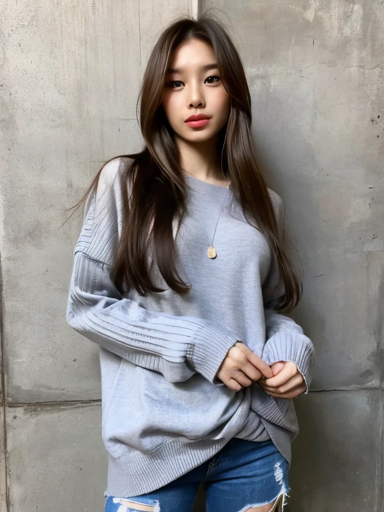 top quality, beautiful women , 28 years old, S, 35mm Lens, debt/1, cowboy shot, Extreme wide shot、 concrete background 、Tile Background、grey knitwear 、 light brown , straight hair、 straight hair、 shiny hair , silky hair、 center part、Extreme wide shot、 full body photo