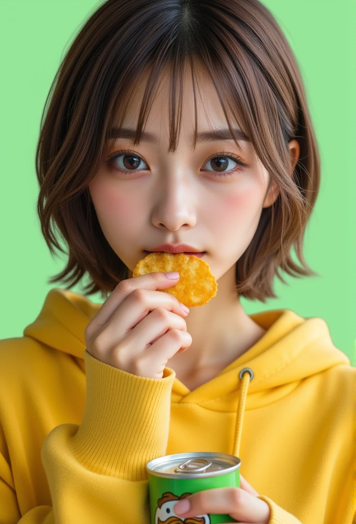 HyperRealistic, upper body, best quality, absurdres, ultra detailed, 1 girl, beautiful doe eyes, To playfully put two potato chips in one's mouth, yellow color hoodie, styling short hair, have a can of Pringles, background light green