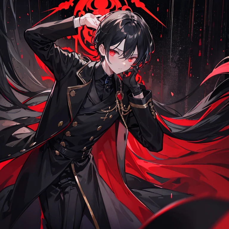 boy, red eyes, black curry hair. sadistic, t shirt. he so arrogant. handsome man. very short hair. like a man. gentleman. like a prince, background in mansion, kind smiling. he is vampire noble. have bangs