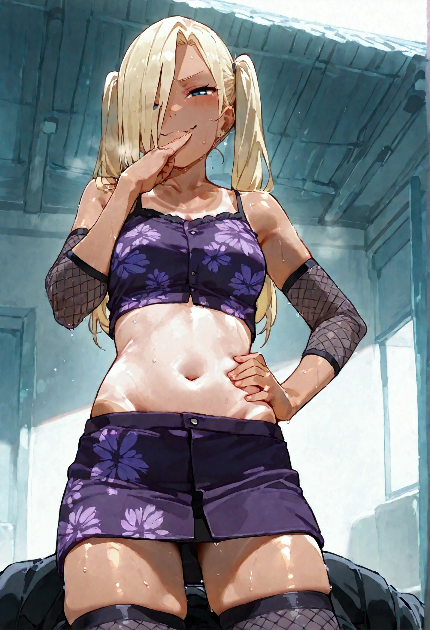 suntan, flat chested, smug face, camisole, female brat, twin tails, thighs, purple micro skirt, super tight, hand on hip, purple print shirt, skirt, thigh highs, ino yamanaka mesugaki, smug, skin fang, hand to own mouth, full body, midriff, blonde hair, hair over one eye, fishnets, blue eyes, crop top, bare shoulders, navel, skirt, groin, cowboy shot, man behind her, faceless male, sitting on someone's chest