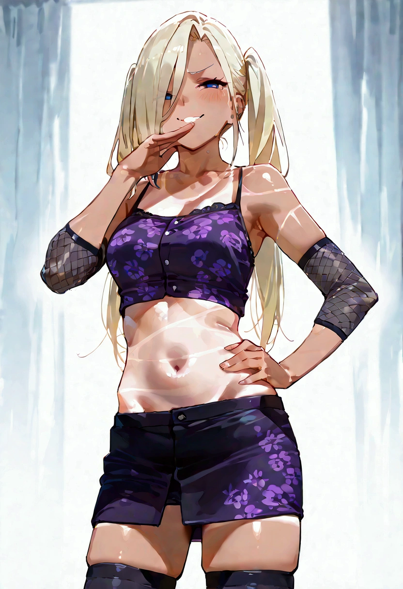 suntan, flat chested, smug face, camisole, female brat, twin tails, thighs, purple micro skirt, super tight, hand on hip, purple print shirt, skirt, thigh highs, ino yamanaka mesugaki, smug, skin fang, hand to own mouth, full body, midriff, blonde hair, hair over one eye, fishnets, blue eyes, crop top, bare shoulders, navel, skirt, groin, cowboy shot, man behind her, faceless male, sitting on someone's chest