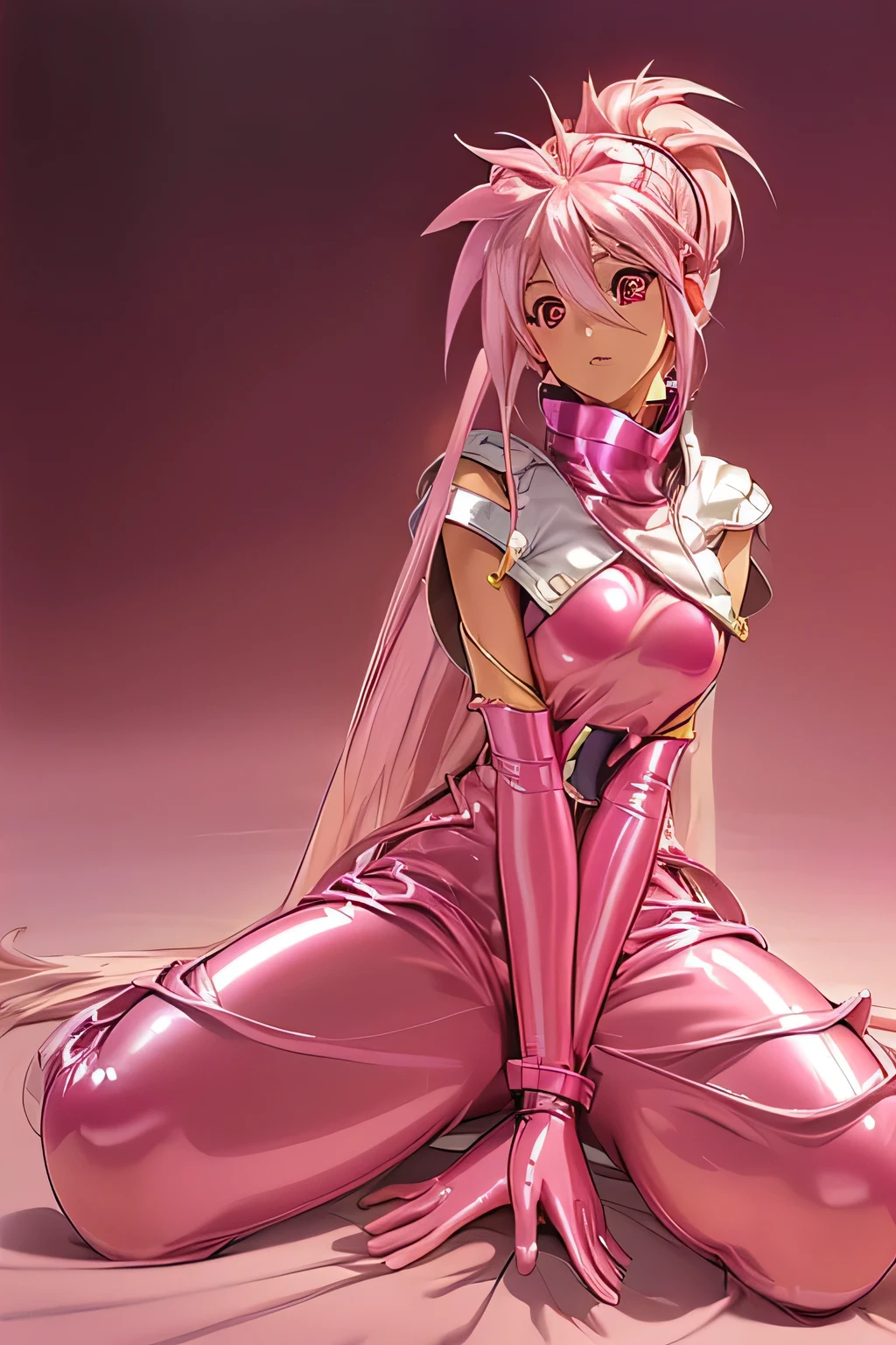  top quality, highest resolution,(((metallic shiny latex white clothes 　 metallic pink latex loose pants　shiny pink hair　 red eyes　 ponytail)))　 Tales of Phantasia　Arche 