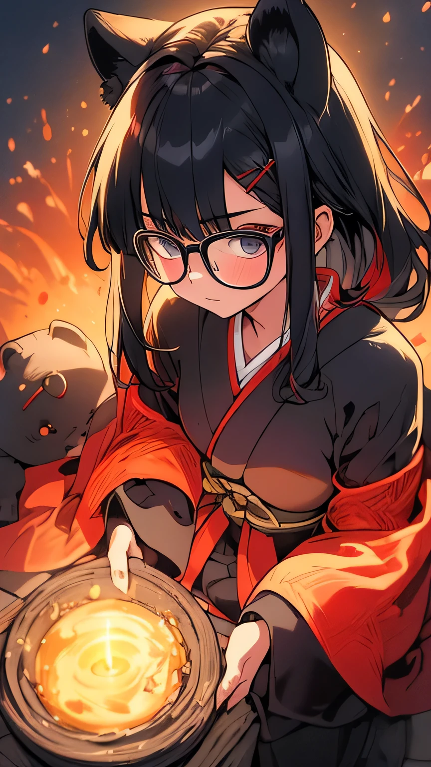 1girl, , {{Black hair , black bear ears, Blue-framed glasses , Black Eyes }}, {{black hair}}, available light, medium breasts, shiny skin, front view , {{HDR,UHD,8K}}, {{{best quality}}}, {{{masterpiece}}}, very aesthetic, absurdres, , , Samurai, kimono, hakama, Red haori, eyebrows, face, neck wrap, katana, wakizashi, Bear crest,(fix_hands), (fix_feet), (fix_fingers),masterpiece, best quality, very aesthetic, absurdres,cinematic lighting , cinematic angle, soft light , color detail, backlighting, Depth of field, long exposure, light steps, intricate colors, vibrant colors,
