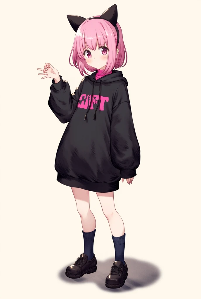 Anime girl (ethnicity:1.1), (age:1.1), wearing a black oversized dress with pink lettering, black cat ears (accessories:1.1),  black shoes, and dark blue socks, (detailed clothing:1.2),  (facial features:1.3): large eyes, slight blush, pink hair, (expression:1.2), neutral expression, (body type:1.1) slender, (pose:1.2) standing, legs apart, slightly gesturing with one hand, center frame, facing forward, full body shot, clean lines, soft shading, light beige background, digital painting style, anime art style, vibrant colors,  soft lighting.
