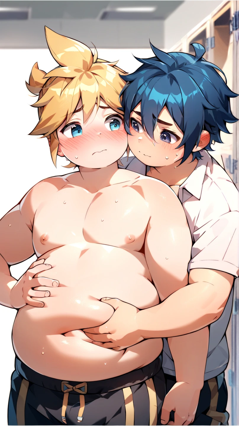  2boys, (yaoi couple), (male ren), (duo focus), fat, standing in the changing room, rubbing each other's belly, facing another, Break, Kagamine Len, obese, cute, shirtless, chubby body, face blushed, embarrassed, sweating, Break, blue hair color, school uniform, round cheek, chubby belly button exposed