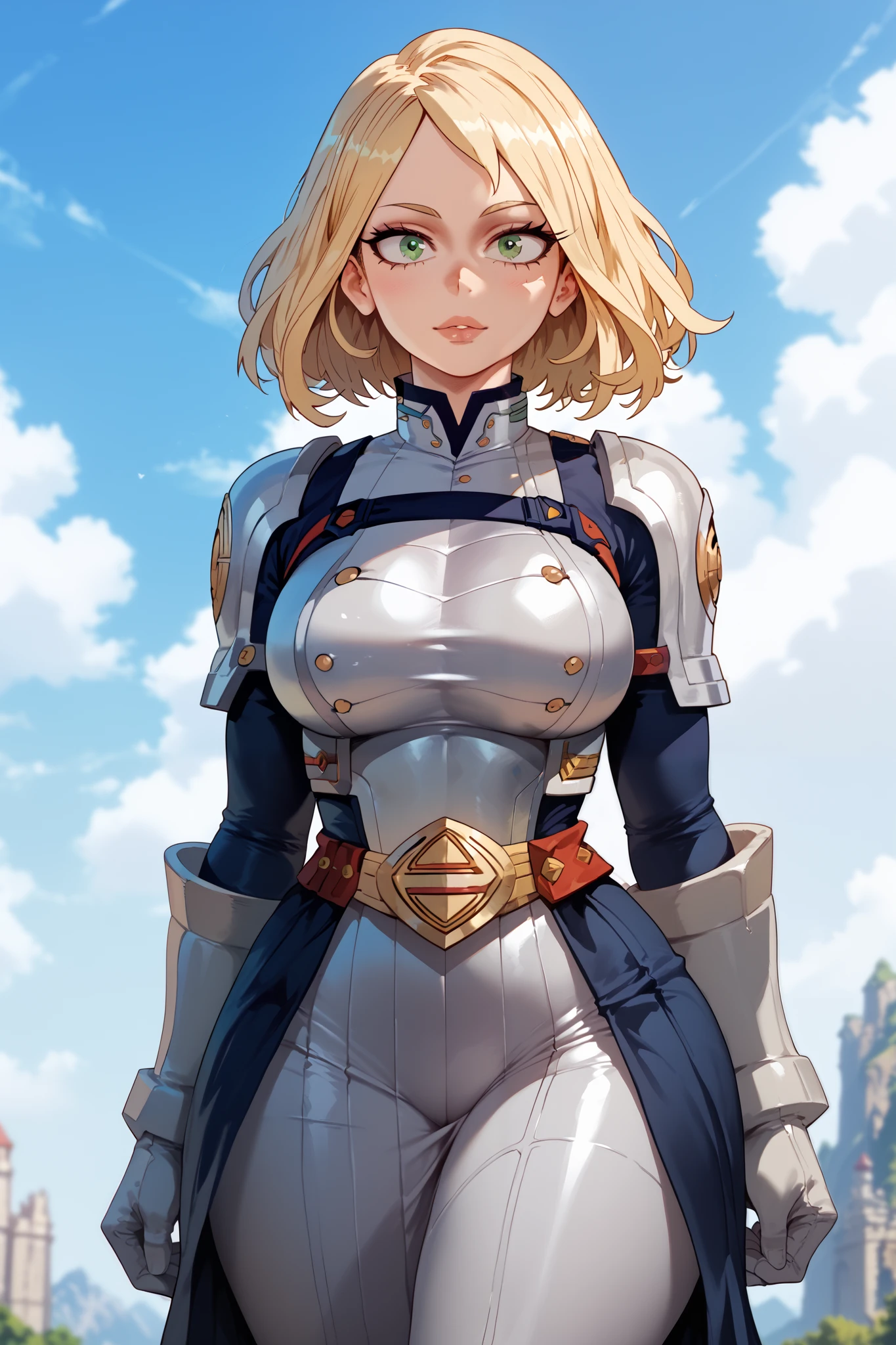 a woman, blonde hair, green eyes, front view, high definition, pretty face, silver ancient skinsuit armor, dark skirt, sky in the background, my hero academia style HD, 4K