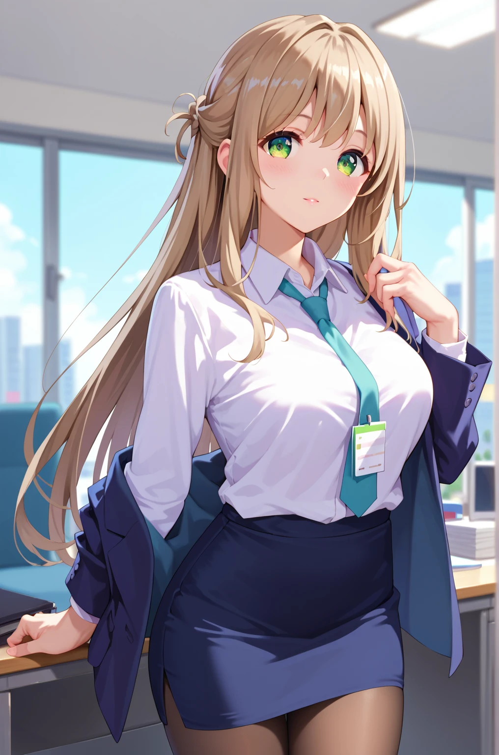 masterpiece, best quality, 8k Ultra HD, extremely delicate detailed, nonomi izayoi, cowboy shot, shoot from front, solo, beautiful face, light green eyes, (finely detailed eyes, beautiful eyes), large and beautiful breasts, (long hair, pale brown hair), blush, standing, business suit, white shirt, pencil skirt, pantyhose, office,