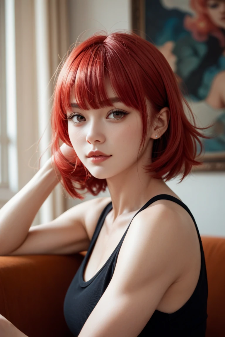 ((best qualityer)), ((work of art)), (detailded), 1 girl, vibrant red hair, short bob hair with straight bangs, vibrant red eye, realisitic
