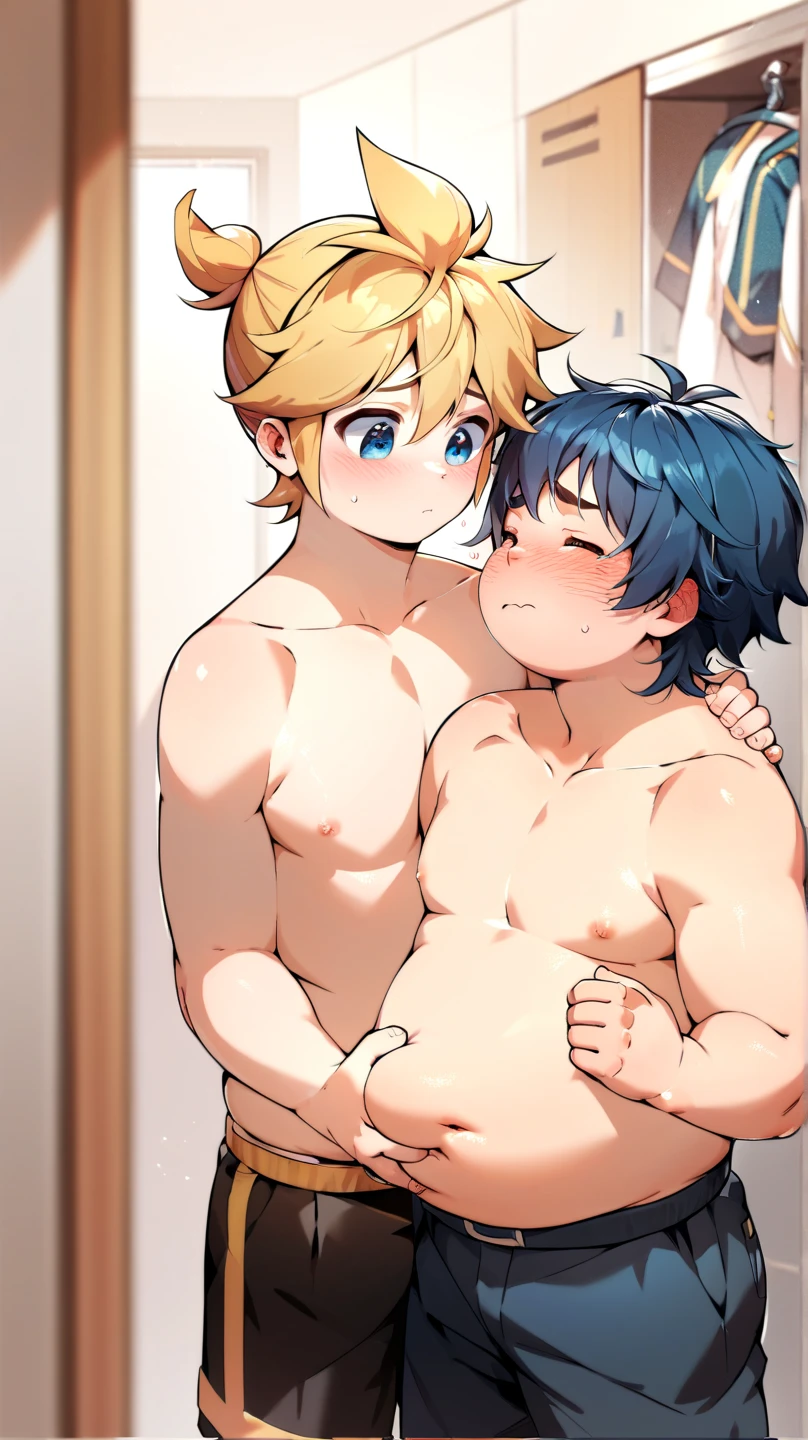  2boys, (yaoi couple), (male ren), (duo focus), fat, standing in the changing room, rubbing each other's belly, facing another, Break, Kagamine Len, obese, cute, shirtless, chubby body, face blushed, embarrassed, Break, blue hair color, school uniform, round cheek, chubby belly button exposed